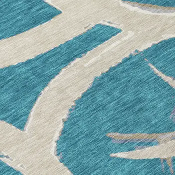 8' X 10' Teal Blue Beige And Gray Abstract Washable Indoor Outdoor Area Rug