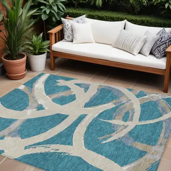 10' X 14' Teal Blue Beige And Gray Abstract Washable Indoor Outdoor Area Rug