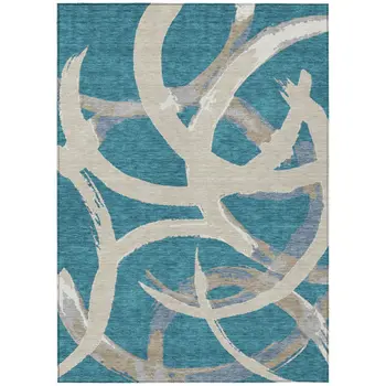 10' X 14' Teal Blue Beige And Gray Abstract Washable Indoor Outdoor Area Rug