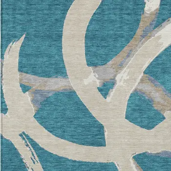 10' X 14' Teal Blue Beige And Gray Abstract Washable Indoor Outdoor Area Rug