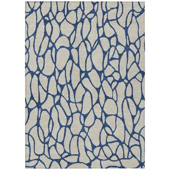 3' X 5' Beige And Blue Geometric Washable Indoor Outdoor Area Rug