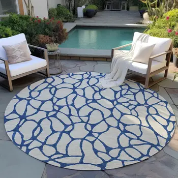 8' Beige And Blue Round Geometric Washable Indoor Outdoor Area Rug