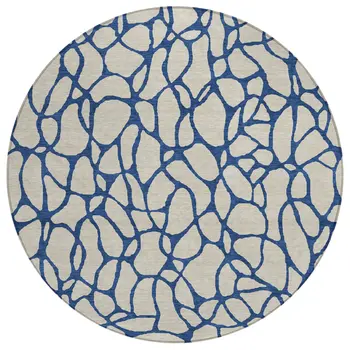 8' Beige And Blue Round Geometric Washable Indoor Outdoor Area Rug