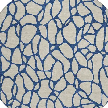 8' Beige And Blue Round Geometric Washable Indoor Outdoor Area Rug