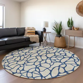 8' Beige And Blue Round Geometric Washable Indoor Outdoor Area Rug