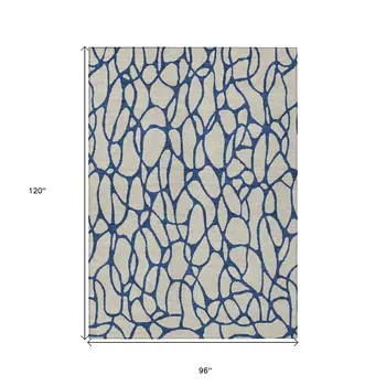 8' X 10' Beige And Blue Geometric Washable Indoor Outdoor Area Rug