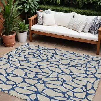 8' X 10' Beige And Blue Geometric Washable Indoor Outdoor Area Rug