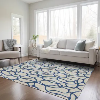 9' X 12' Beige And Blue Geometric Washable Indoor Outdoor Area Rug