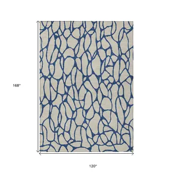 10' X 14' Beige And Blue Geometric Washable Indoor Outdoor Area Rug