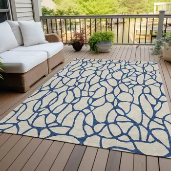 10' X 14' Beige And Blue Geometric Washable Indoor Outdoor Area Rug