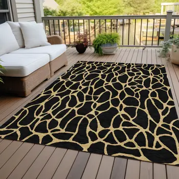 9' X 12' Black And Gold Geometric Washable Indoor Outdoor Area Rug