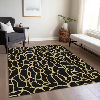 9' X 12' Black And Gold Geometric Washable Indoor Outdoor Area Rug