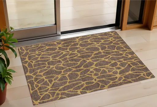 3' X 5' Brown And Gold Geometric Washable Indoor Outdoor Area Rug