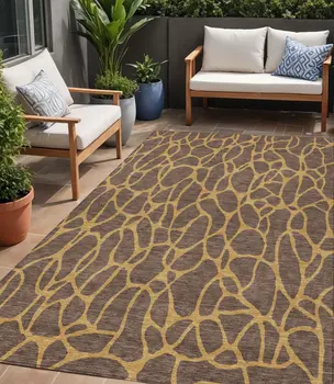 5' X 8' Brown And Gold Geometric Washable Indoor Outdoor Area Rug