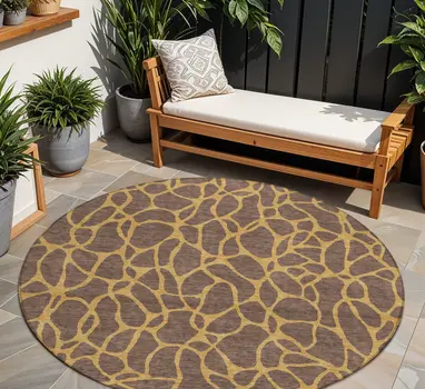 8' Brown And Gold Round Geometric Washable Indoor Outdoor Area Rug