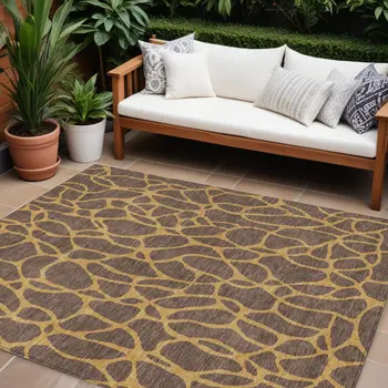 8' X 10' Brown And Gold Geometric Washable Indoor Outdoor Area Rug