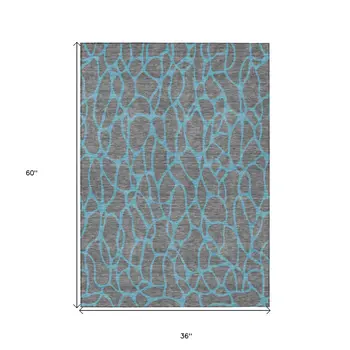 3' X 5' Gray And Teal Blue Geometric Washable Indoor Outdoor Area Rug