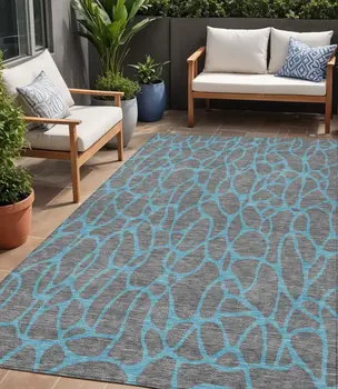 5' X 8' Gray And Teal Blue Geometric Washable Indoor Outdoor Area Rug