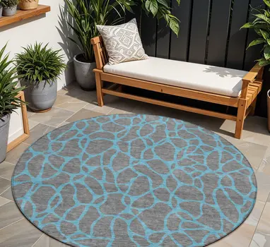 8' Gray And Teal Blue Round Geometric Washable Indoor Outdoor Area Rug