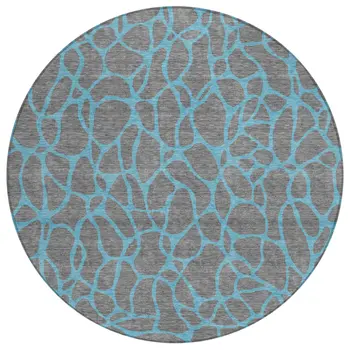 8' Gray And Teal Blue Round Geometric Washable Indoor Outdoor Area Rug