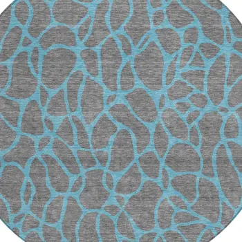 8' Gray And Teal Blue Round Geometric Washable Indoor Outdoor Area Rug