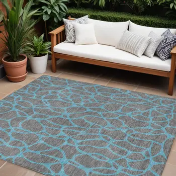 8' X 10' Gray And Teal Blue Geometric Washable Indoor Outdoor Area Rug