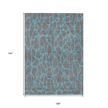 9' X 12' Gray And Teal Blue Geometric Washable Indoor Outdoor Area Rug