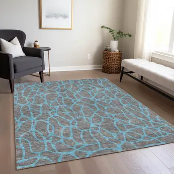 10' X 14' Gray And Teal Blue Geometric Washable Indoor Outdoor Area Rug