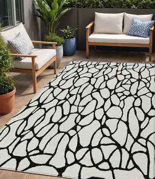5' X 8' Ivory And Black Geometric Washable Indoor Outdoor Area Rug