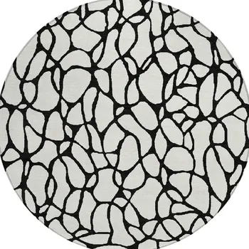 8' Ivory And Black Round Geometric Washable Indoor Outdoor Area Rug