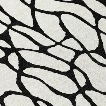 8' Ivory And Black Round Geometric Washable Indoor Outdoor Area Rug
