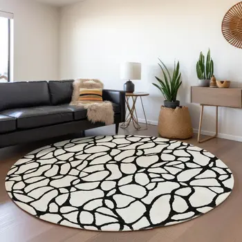 8' Ivory And Black Round Geometric Washable Indoor Outdoor Area Rug