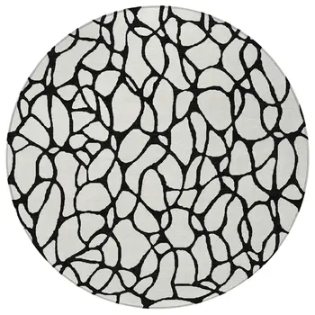 8' Ivory And Black Round Geometric Washable Indoor Outdoor Area Rug