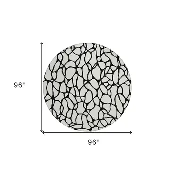 8' Ivory And Black Round Geometric Washable Indoor Outdoor Area Rug