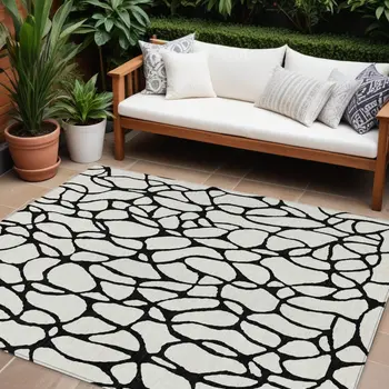 9' X 12' Ivory And Black Geometric Washable Indoor Outdoor Area Rug