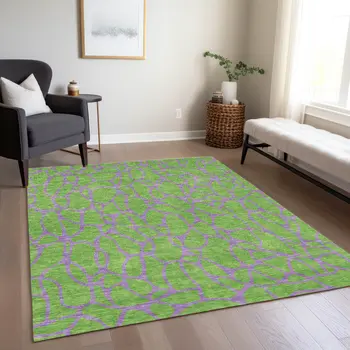 5' X 8' Lime Green And Purple Geometric Washable Indoor Outdoor Area Rug
