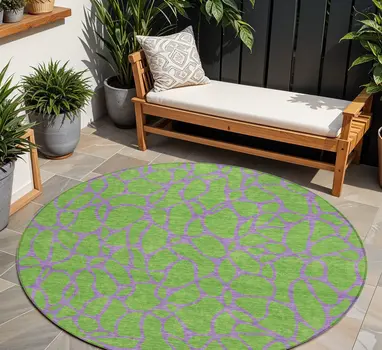 8' Lime Green And Purple Round Geometric Washable Indoor Outdoor Area Rug
