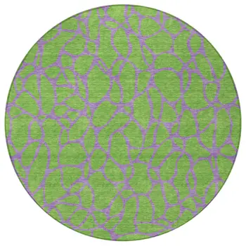 8' Lime Green And Purple Round Geometric Washable Indoor Outdoor Area Rug
