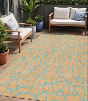 5' X 8' Mint Green And Peach Geometric Washable Indoor Outdoor Area Rug