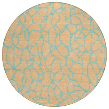 8' Mint Green And Peach Round Geometric Washable Indoor Outdoor Area Rug