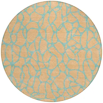 8' Mint Green And Peach Round Geometric Washable Indoor Outdoor Area Rug