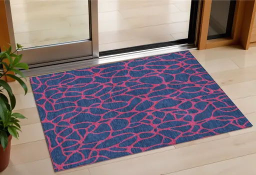 3' X 5' Navy Blue And Dark Pink Geometric Washable Indoor Outdoor Area Rug