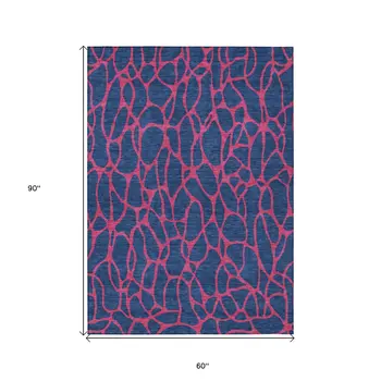 5' X 8' Navy Blue And Dark Pink Geometric Washable Indoor Outdoor Area Rug