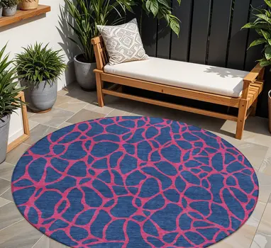 8' Navy Blue And Dark Pink Round Geometric Washable Indoor Outdoor Area Rug