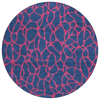 8' Navy Blue And Dark Pink Round Geometric Washable Indoor Outdoor Area Rug