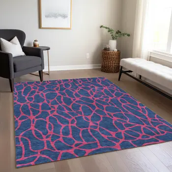 8' X 10' Navy Blue And Dark Pink Geometric Washable Indoor Outdoor Area Rug