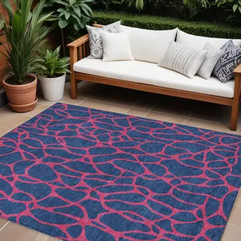 9' X 12' Navy Blue And Dark Pink Geometric Washable Indoor Outdoor Area Rug