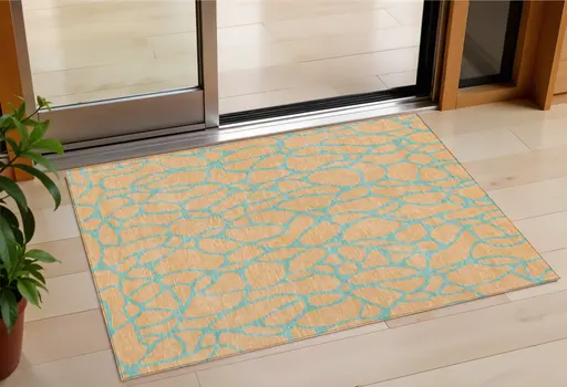 3' X 5' Peach And Mint Green Geometric Washable Indoor Outdoor Area Rug
