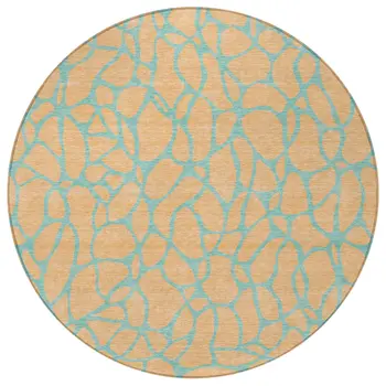 8' Peach And Mint Green Round Geometric Washable Indoor Outdoor Area Rug