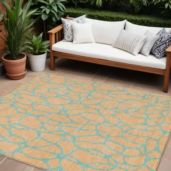 9' X 12' Peach And Mint Green Geometric Washable Indoor Outdoor Area Rug